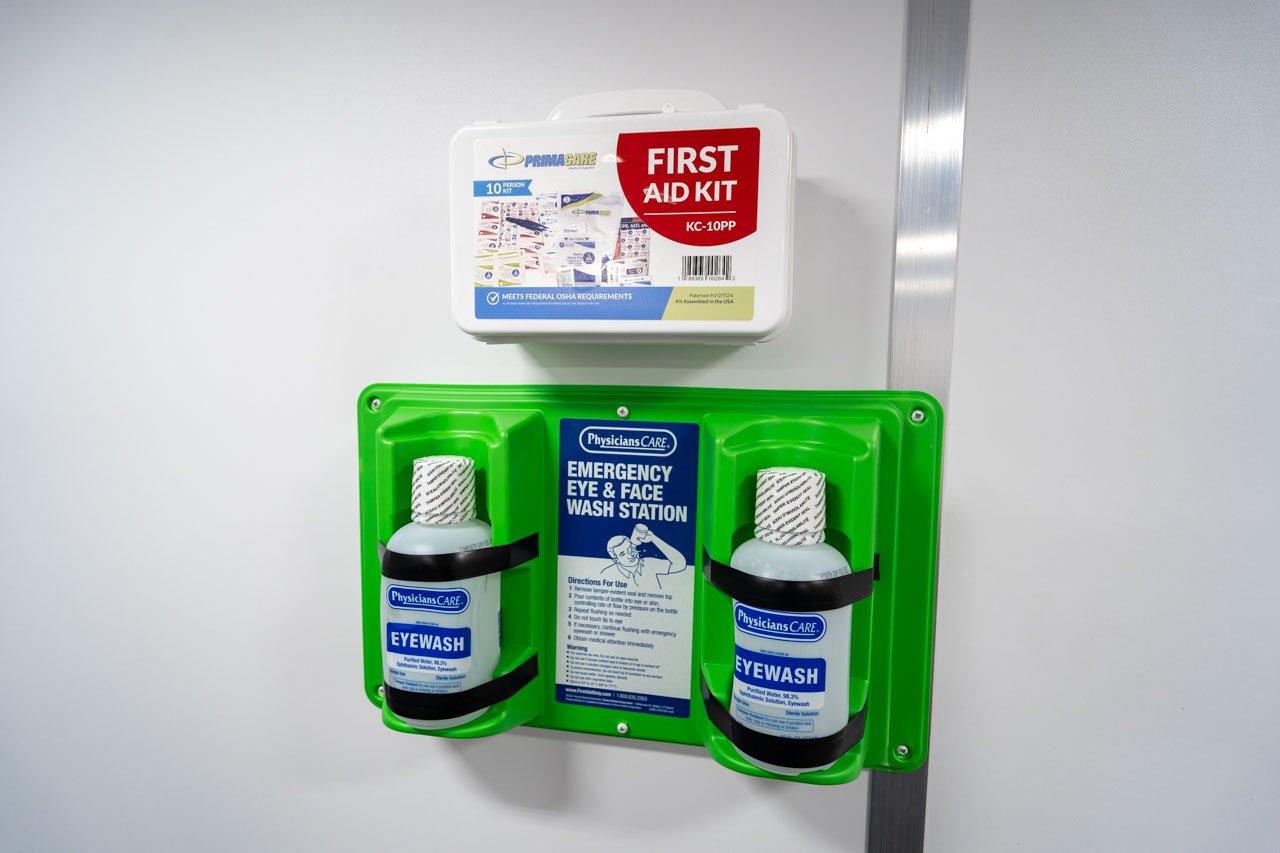Eye Wash, First Aid Kit and Fire Extinguisher